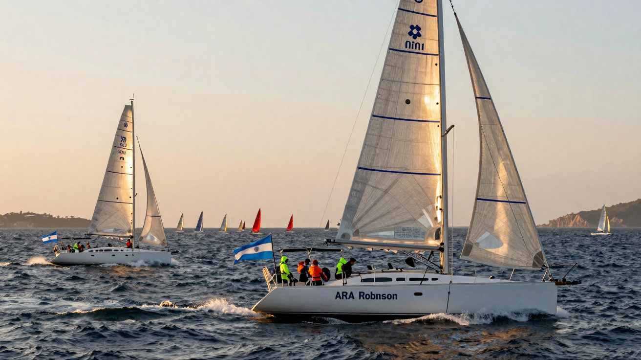 Várias velas de iates em regata ao pôr do sol num mar agitado com pessoas a bordo.