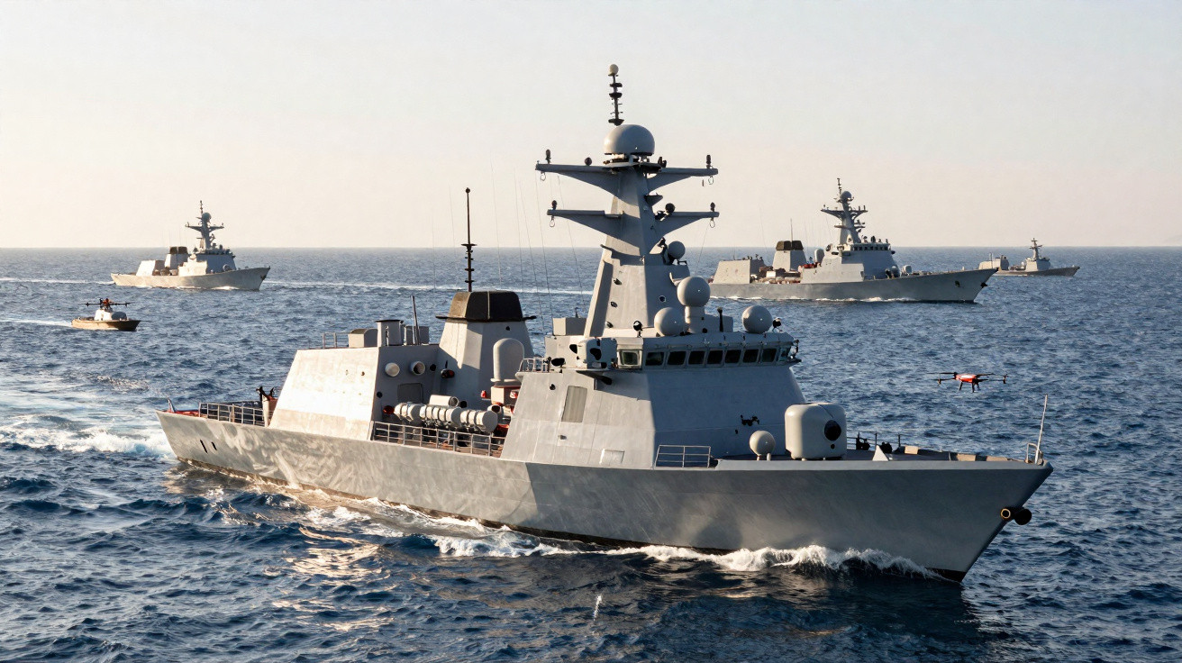 Fragatas militares a navegar em formação no mar durante o dia.