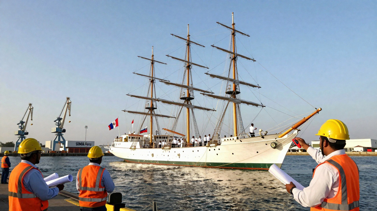 Navio veleiro branco atracado enquanto trabalhadores de colete e capacete amarelo observam no porto.