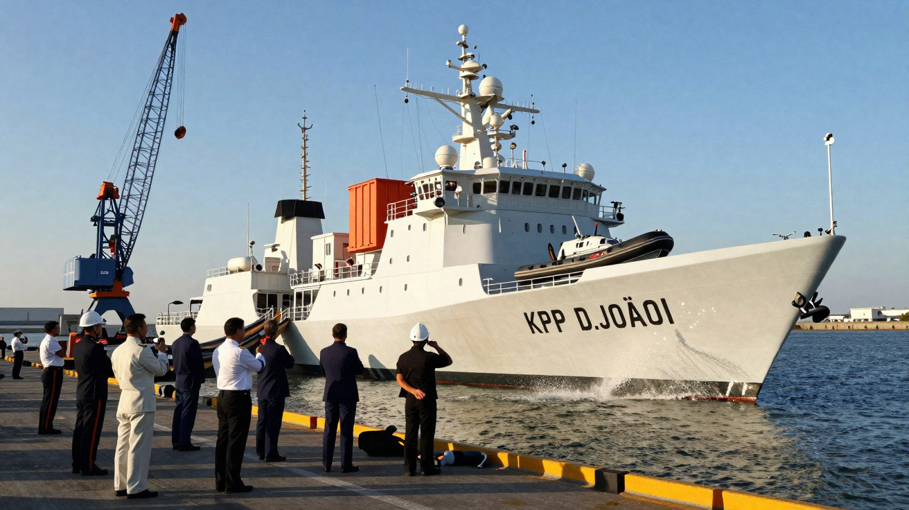 Navio militar KPP D. João I atracado num porto com pessoas a observar na doca ao pôr do sol.