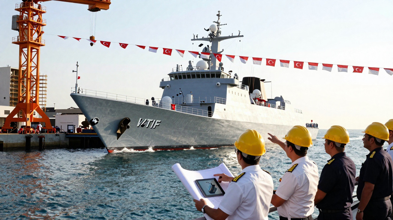 Navio militar cinzento com inscrição VTIF atracado em porto, com quatro homens de armadura branca e capacete amarelo observan