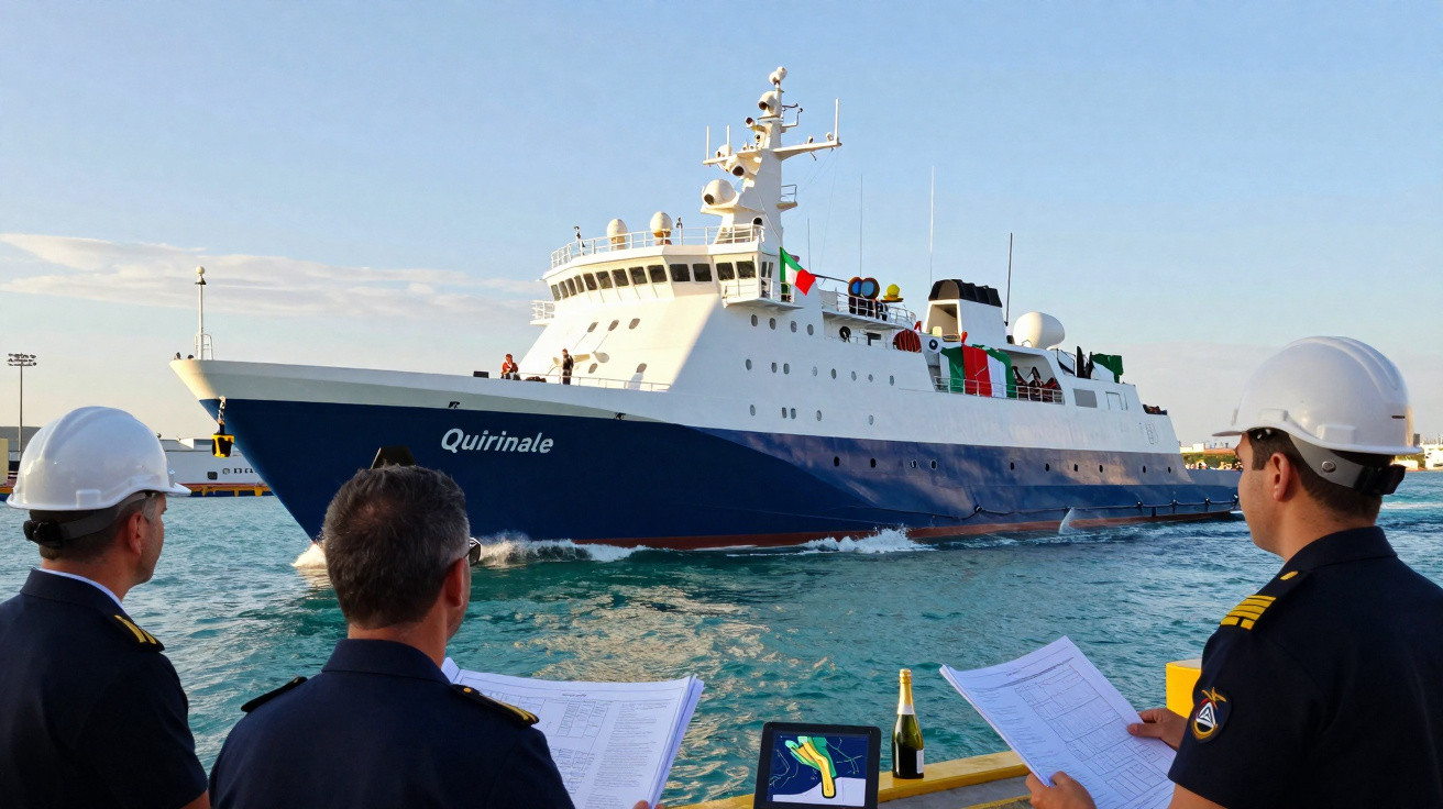 Navio Quirinale azul e branco a aproximar-se do cais enquanto três oficiais com capacetes observam documentos.