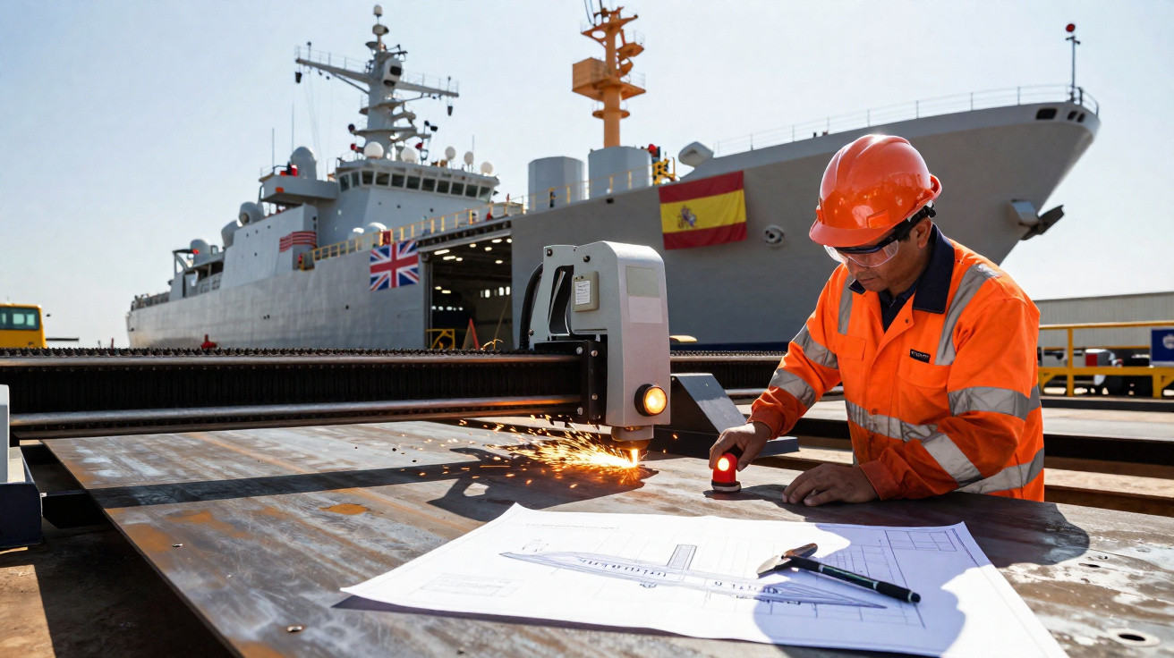 Trabalhador em colete e capacete laranja utiliza máquina de corte enquanto navio com bandeiras do Reino Unido e Espanha está 