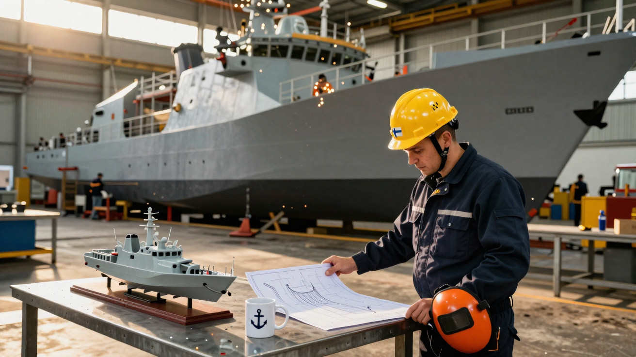 Engenheiro naval a analisar plantas na oficina com modelo de navio e navio grande ao fundo.