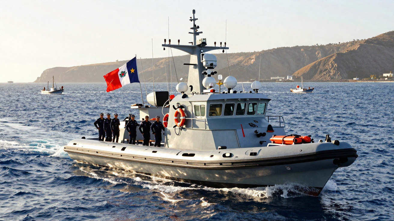 Embarcação cinzenta com tripulação a bordo navegando no mar perto da costa rochosa ao pôr do sol.