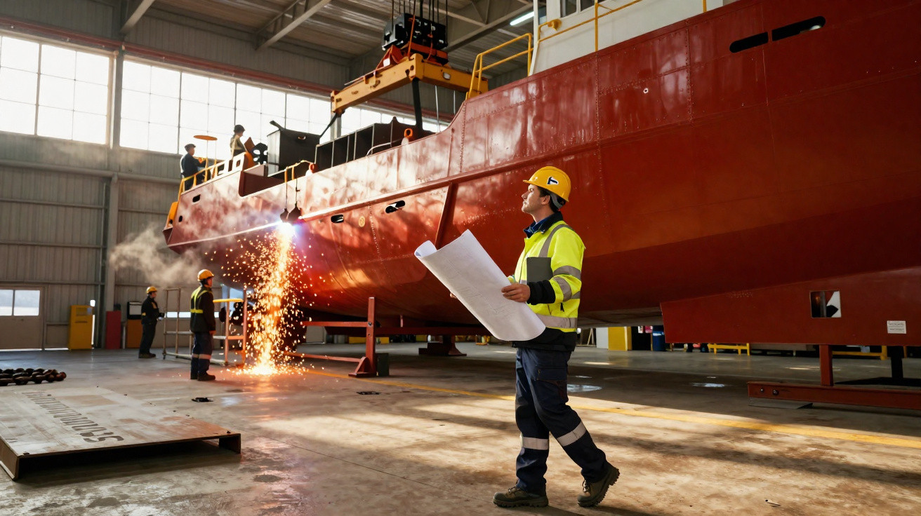 Trabalhadores com capacete a fabricar e inspecionar um grande barco vermelho numa oficina industrial.