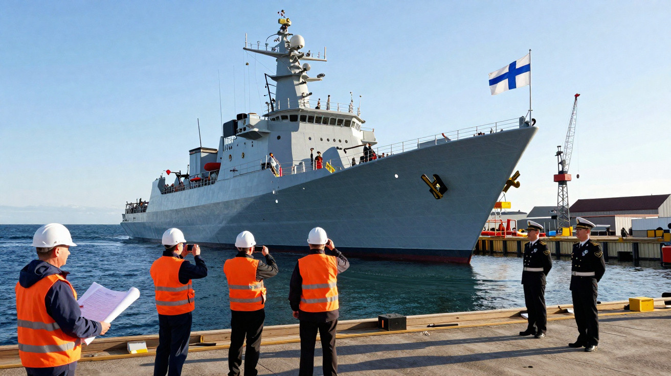 Navio militar finlandês atracado com cinco trabalhadores de colete laranja e dois oficiais em cais.