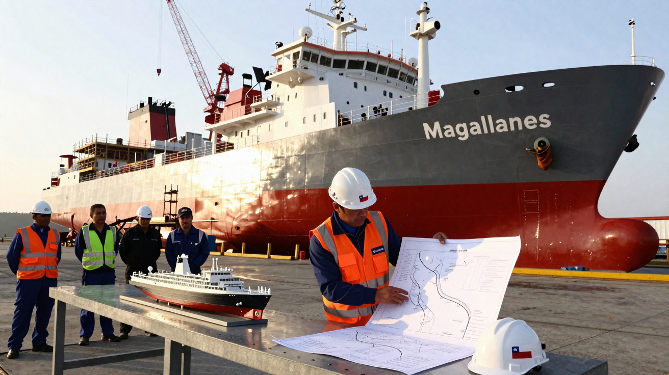 Equipe de trabalhadores com capacete e colete refletor analisando planta junto a modelo e navio Magallanes atracado no porto.