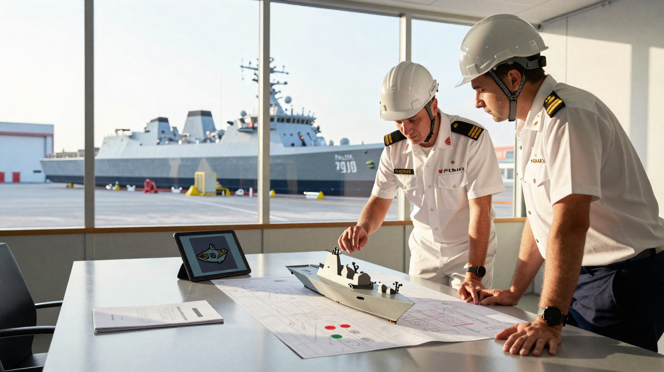 Dois oficiais navais com capacetes brancos analisam maquete e planos de navio em sala com vista para doca naval.