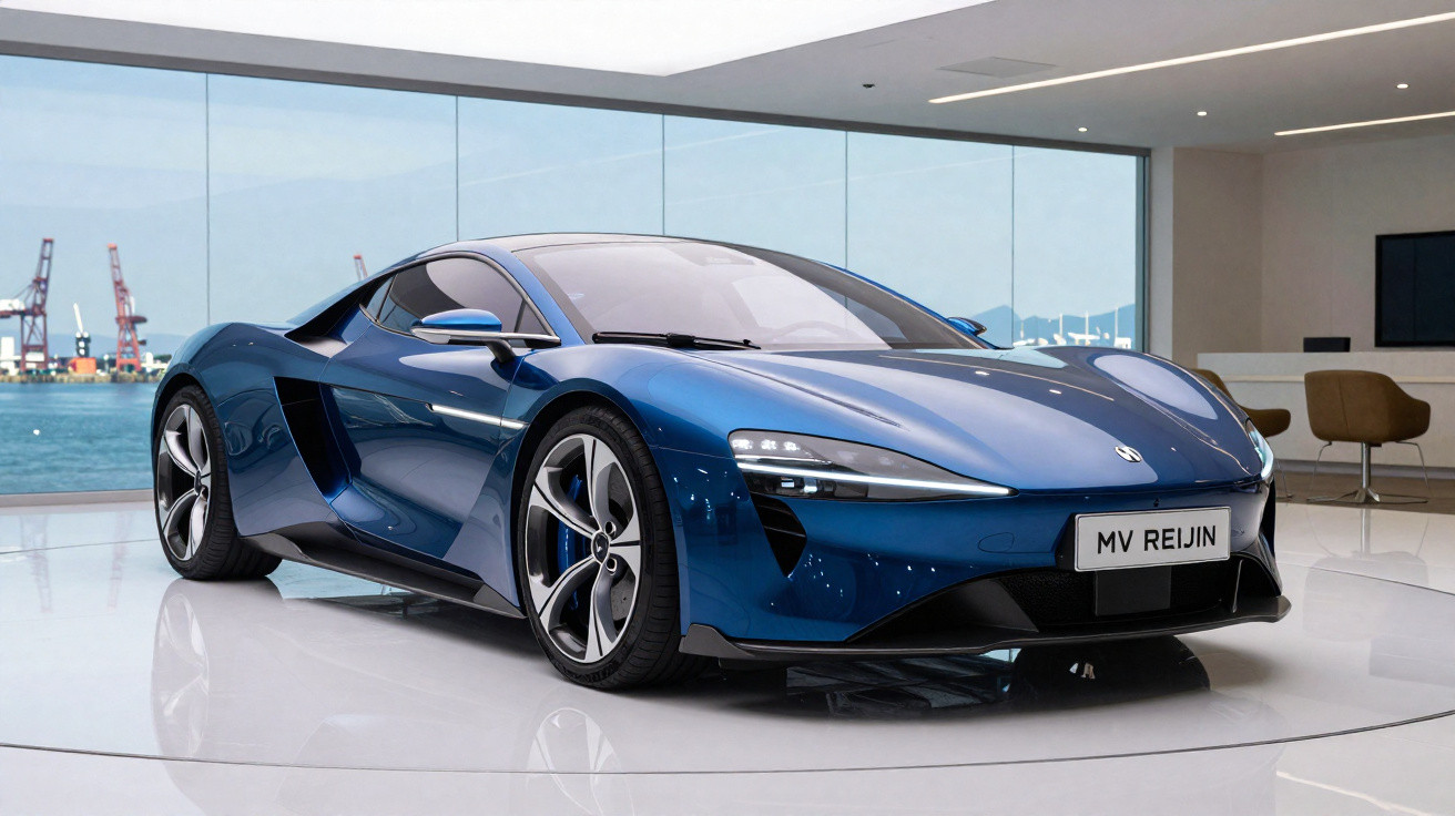 Carro desportivo azul metálico com design futurista exibido num showroom com vista para o porto marítimo.