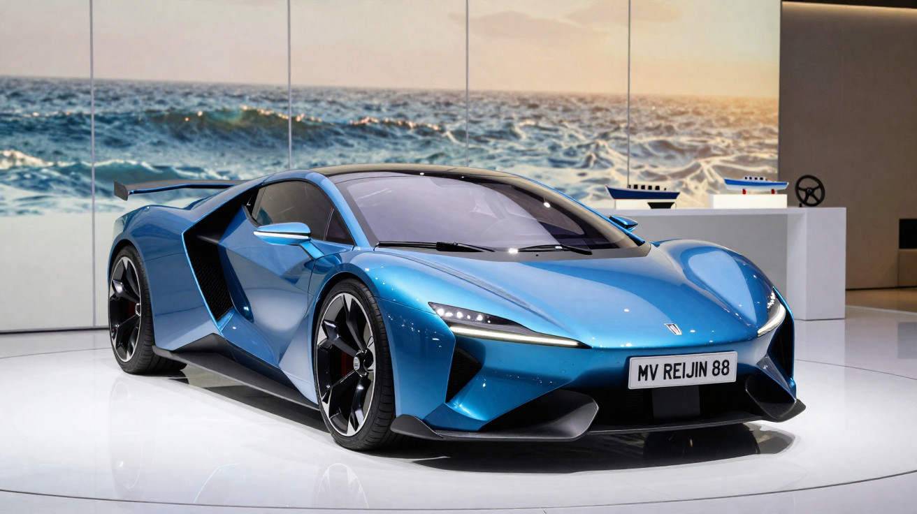 Carro desportivo elétrico azul em exposição com fundo digital de mar ao pôr do sol.