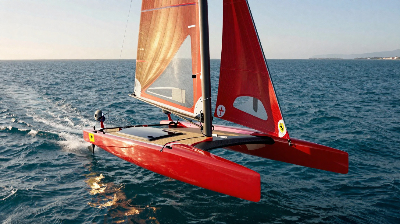Catamaran vermelho a navegar em águas calmas com vela içada ao pôr do sol.