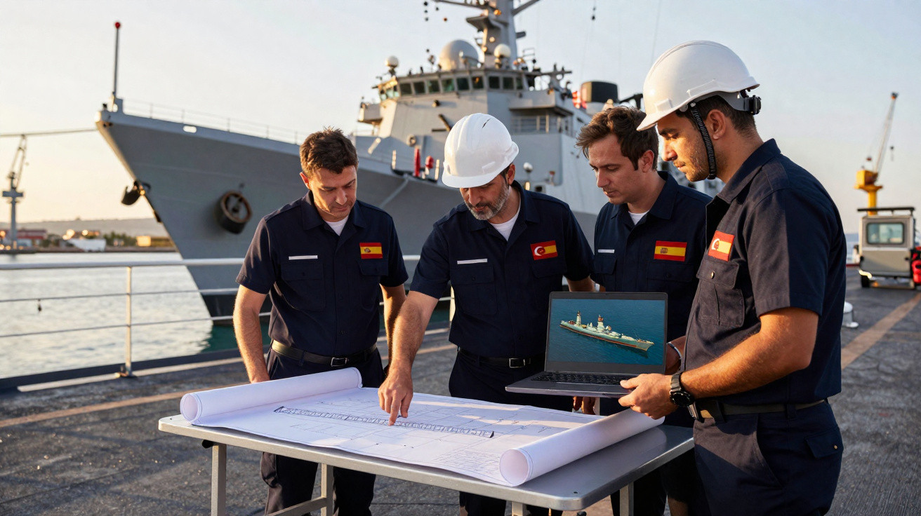 Quatro militares em uniforme reunidos junto a um plano naval e portátil no cais perto de um navio.
