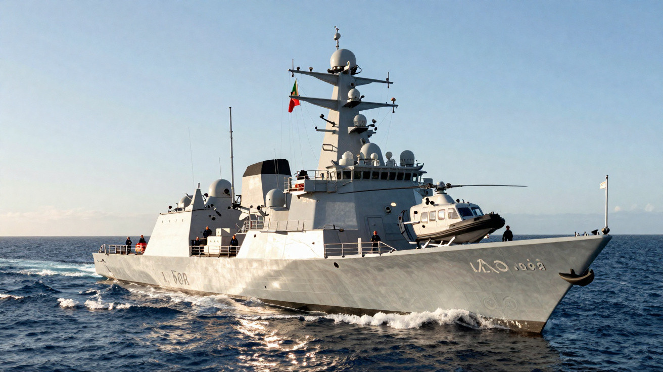 Navio militar português a navegar em mar calmo, com bandeira nacional hasteada.