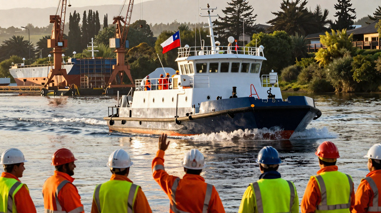 Embarcação com bandeira chilena navegando perto de operários com coletes e capacetes à beira da água.