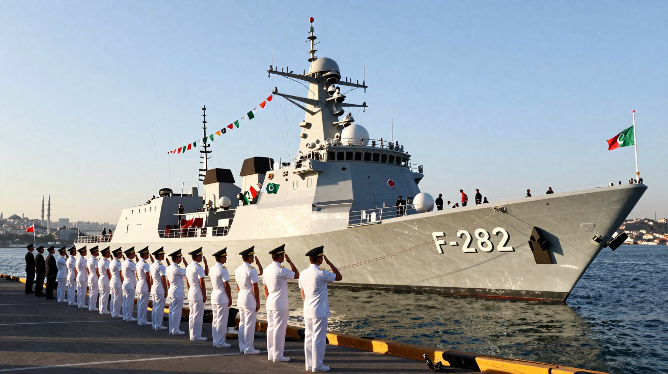 Navio de guerra F-282 atracado com tripulação em formação a saudar no porto.