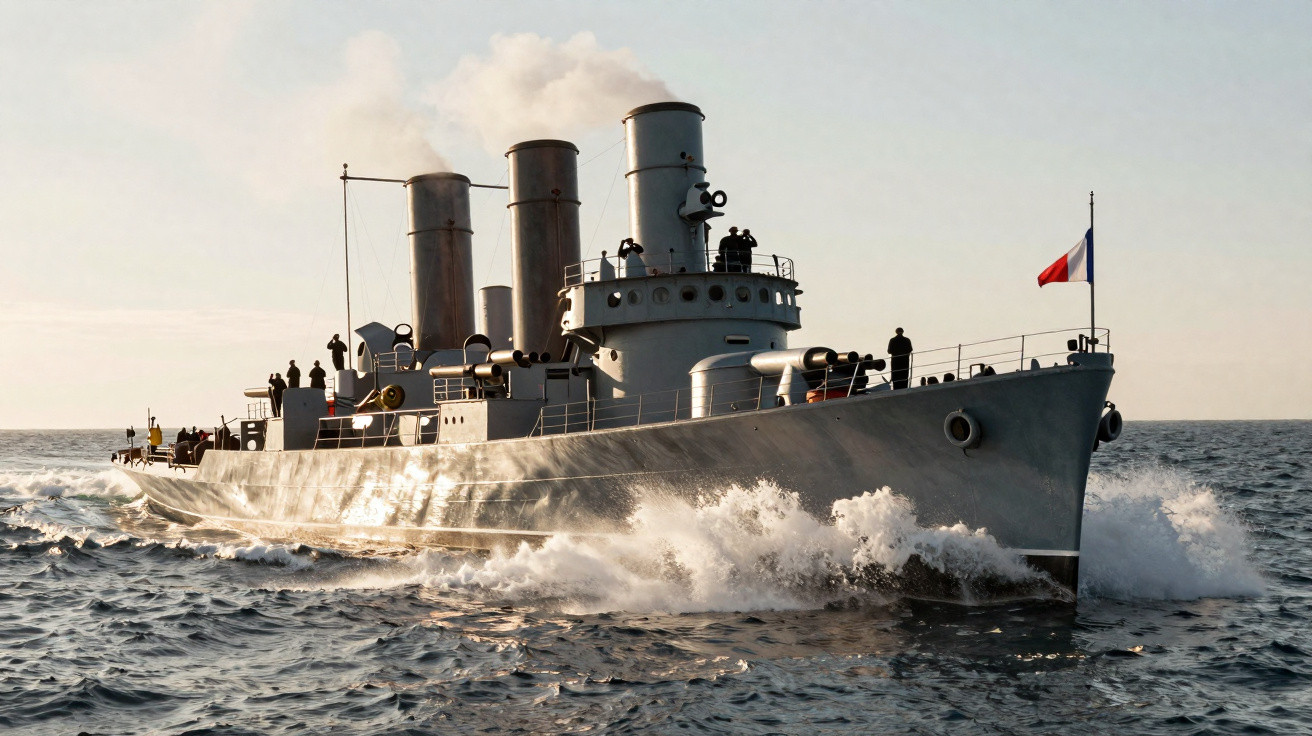Navio de guerra antigo em aço com três chaminés, bandeira francesa, a navegar em mar calmo ao pôr do sol.