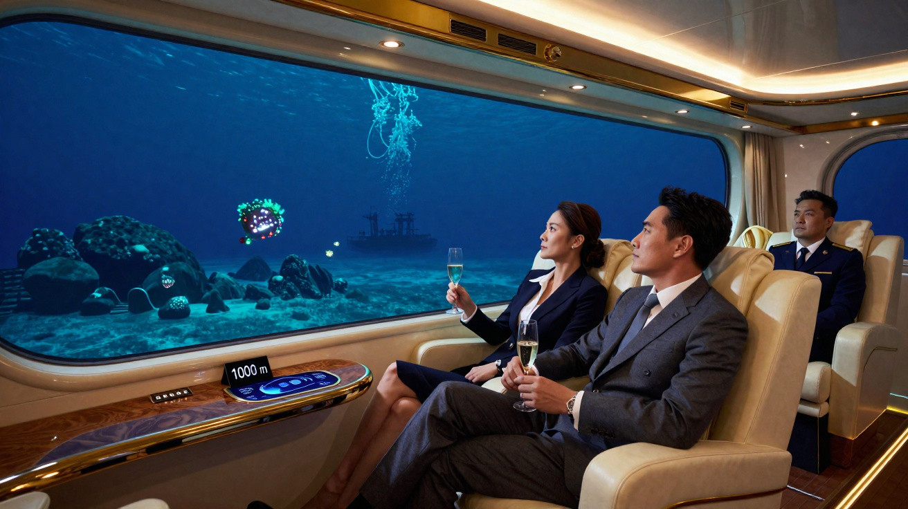 Três pessoas vestidas formalmente observam o fundo do mar através de grandes janelas numa submarino luxuoso.
