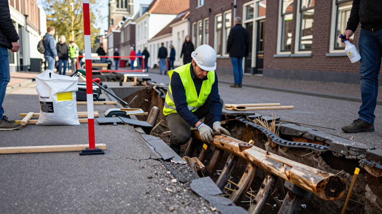 Trabalhador de construção com colete e capacete a manusear madeira numa rua com piso partido.