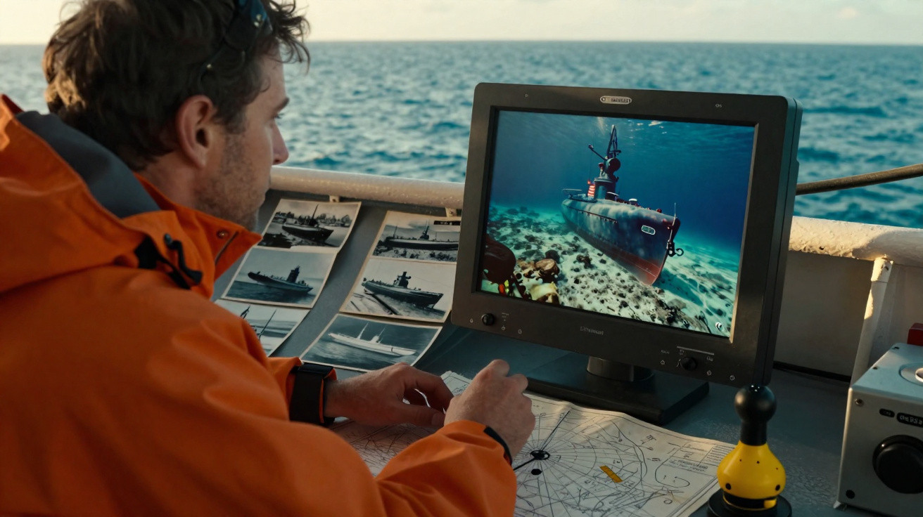 Homem em roupa de salva-vidas analisa imagens de um submarino no ecrã do computador num barco no mar.