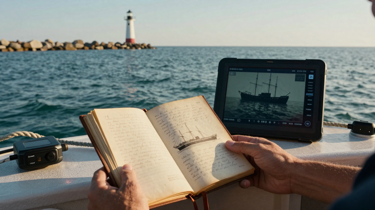 Pessoa segura livro com desenho de navio num barco, com tablet a mostrar imagem de barco e farol ao fundo.
