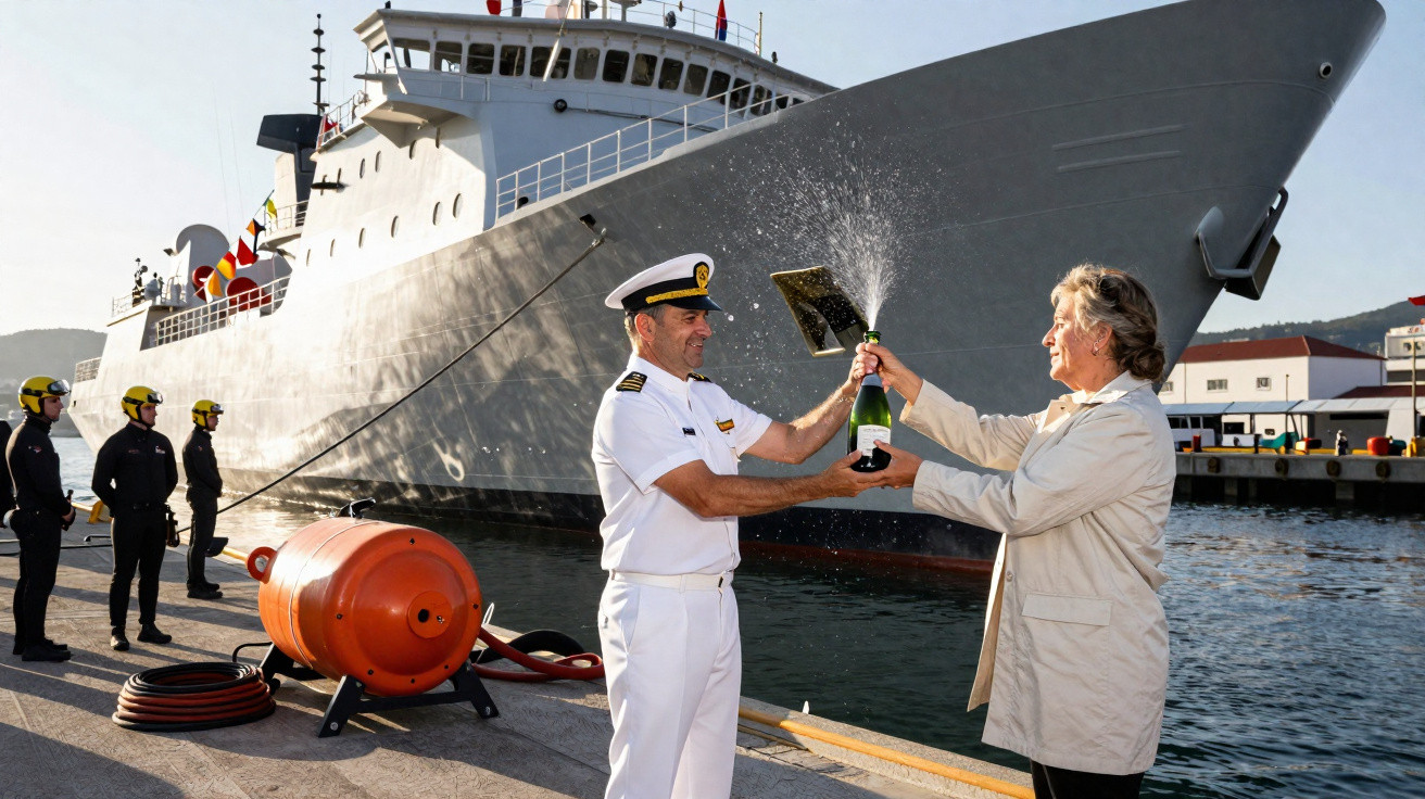 Homem de farda naval recebe champanhe estourado de mulher num porto, com navio militar ao fundo.