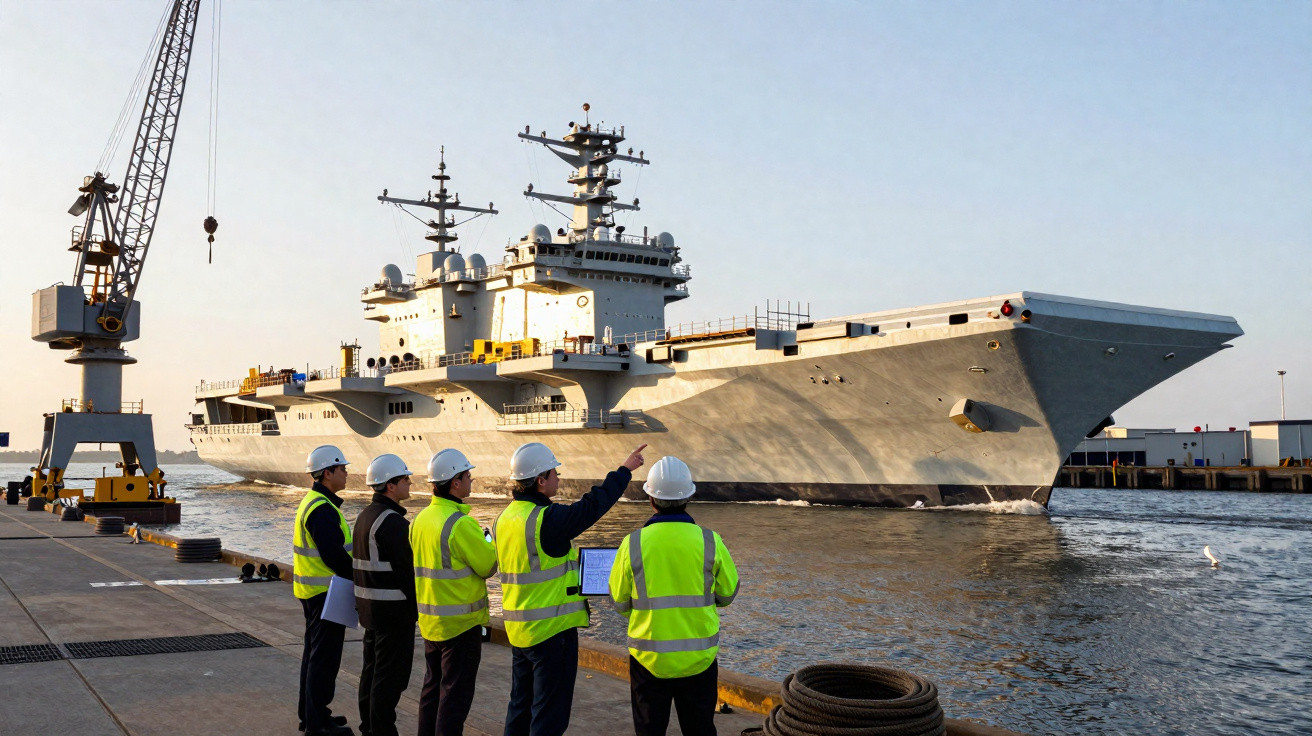 Cinco trabalhadores com coletes e capacetes observam um navio militar atracado num porto ao pôr do sol.