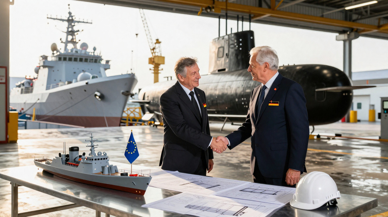 Dois homens de fato cumprimentam-se numa doca com modelos e plantas de navios e um submarino ao fundo.