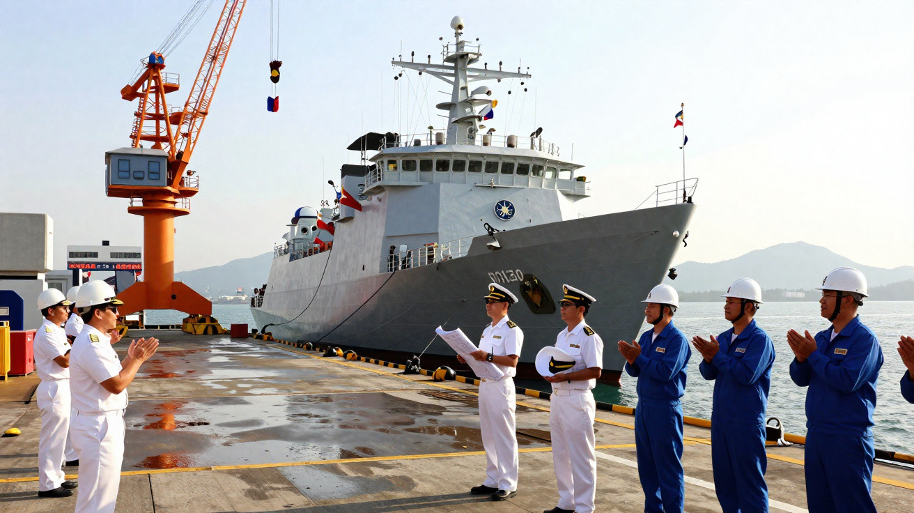 Oficiais navais e trabalhadores portuários aplaudem junto a um navio militar atracado no cais.