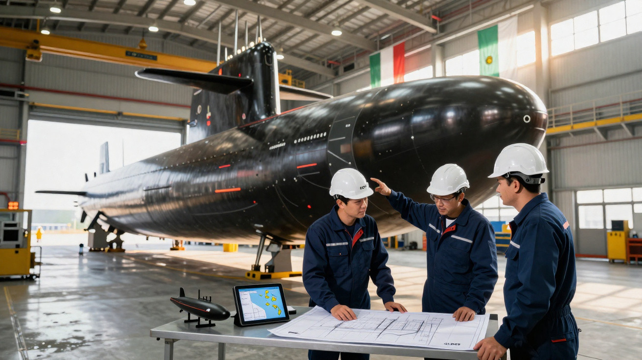Três engenheiros com capacetes brancos analisam plantas junto a um submarino preto numa oficina industrial.