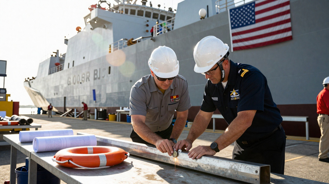 Dois homens de capacete a medir uma peça metálica em cais com navio militar americano ao fundo.
