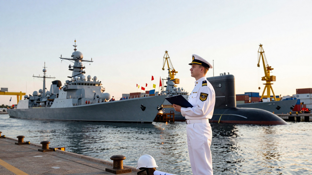 Militar da marinha em farda branca com submarino e navio de guerra ao fundo no porto ao pôr do sol.