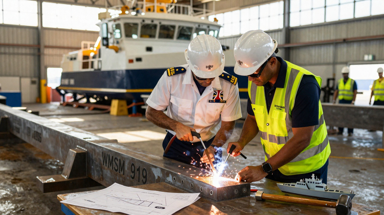 Dois trabalhadores com capacetes realizam soldagem em estrutura metálica numa oficina naval com barco ao fundo.
