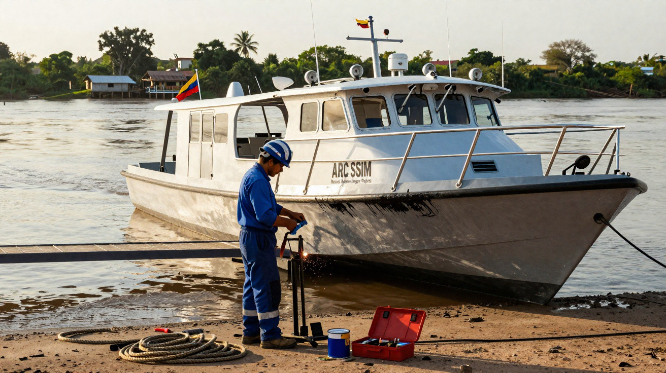 Homem com roupa azul realiza manutenção em barco ancorado junto a margem de rio.