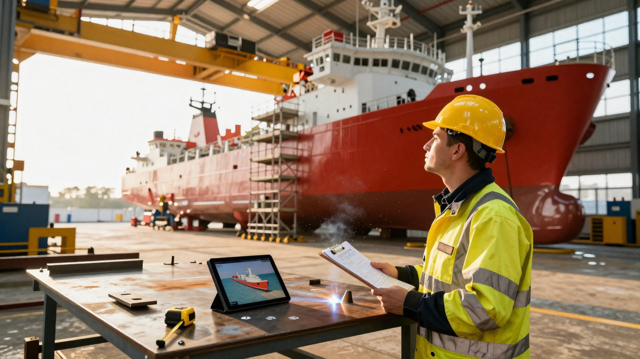 Engenheiro naval em colete refletor e capacete amarelo inspeciona grande navio vermelho em estaleiro.