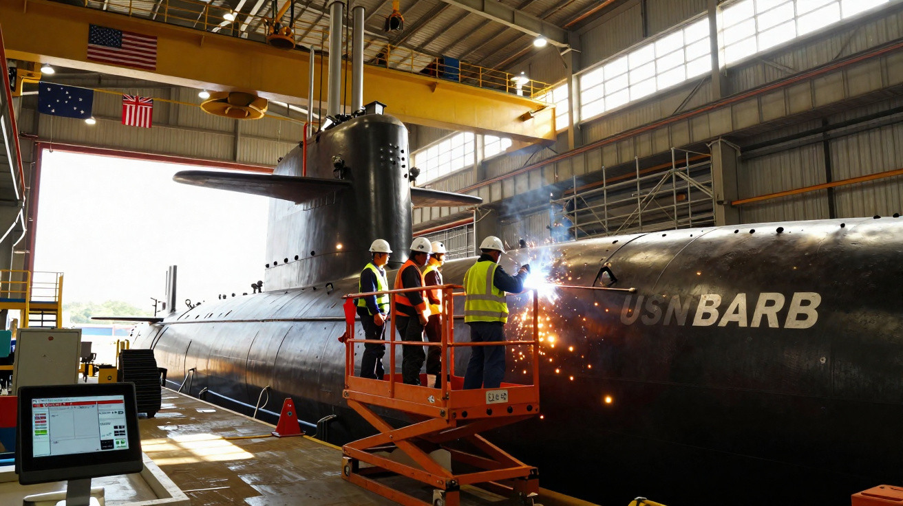 Três trabalhadores com coletes refletores e capacetes fazem soldadura num submarino USN BARB numa doca seca.