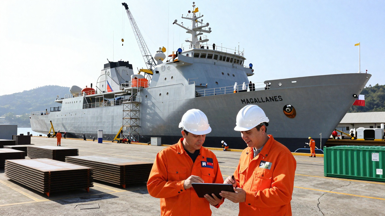 Dois trabalhadores com capacetes brancos e roupas laranja conversam ao lado do navio Magallanes num cais industrial.