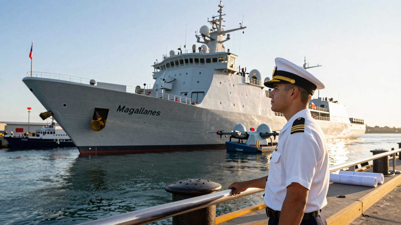 Oficial naval em uniforme branco observa navio de patrulha "Magallanes" atracado num cais ao entardecer.