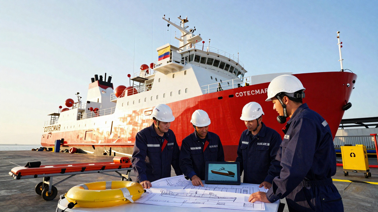 Quatro tripulantes em capacetes brancos analisam plantas junto a um navio vermelho atracado ao cais.