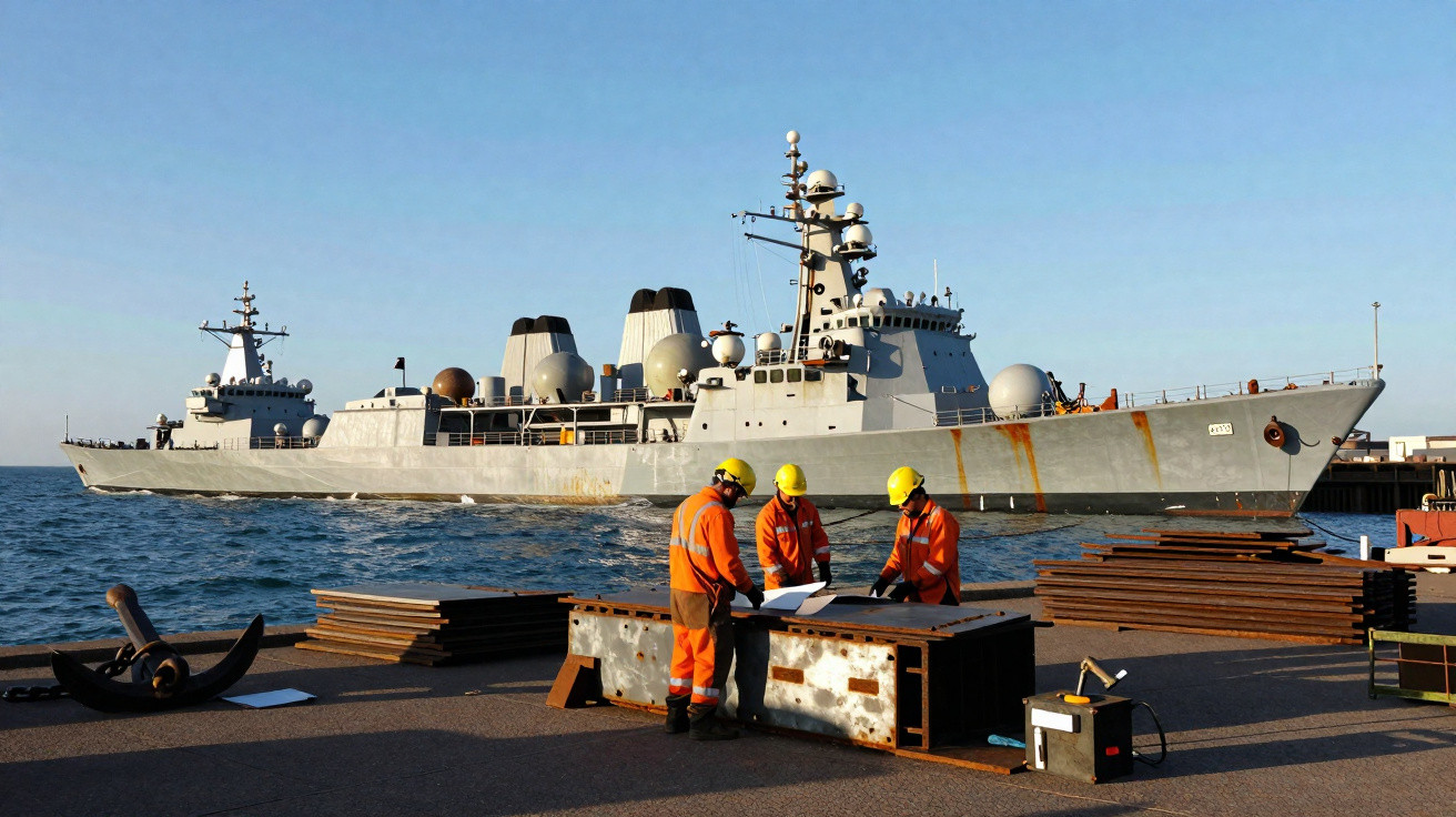 Três operários em roupa de segurança junto a material metálico num porto com um navio militar ao fundo.