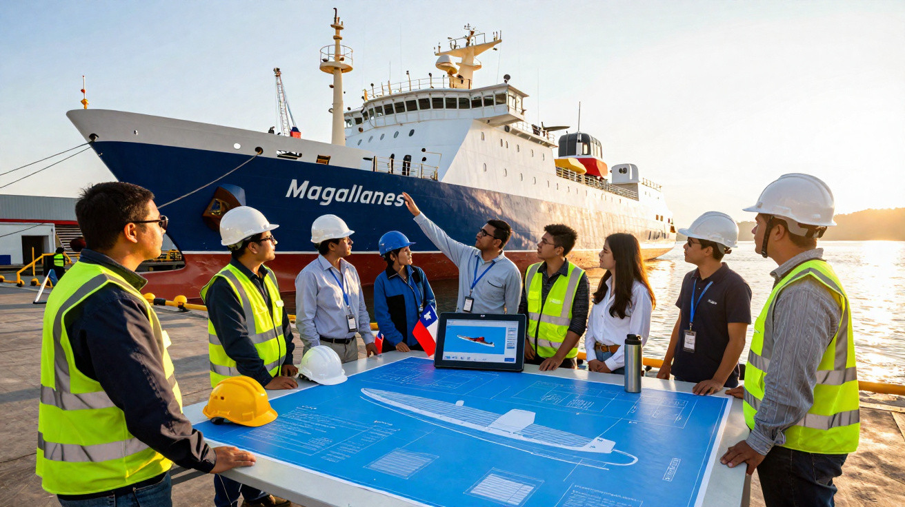 Equipa de engenheiros e técnicos em reunião ao lado do navio Magallanes com planta do navio numa mesa.