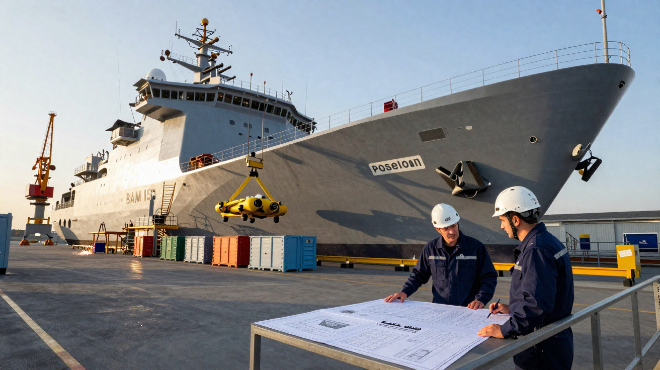 Dois trabalhadores com capacetes em frente a um grande navio de investigação chamado Poseidon no porto.