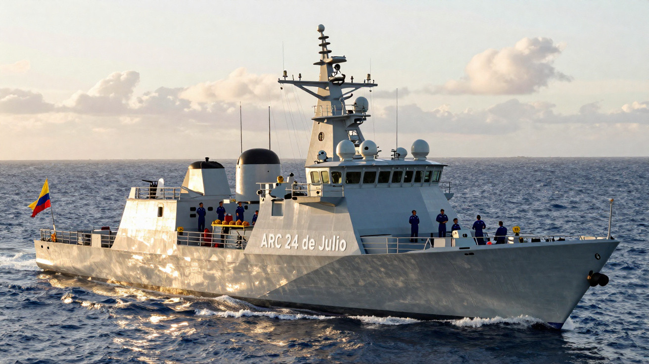 Navio militar ARC 24 de Julio da Colômbia navegando no mar com tripulantes no convés.