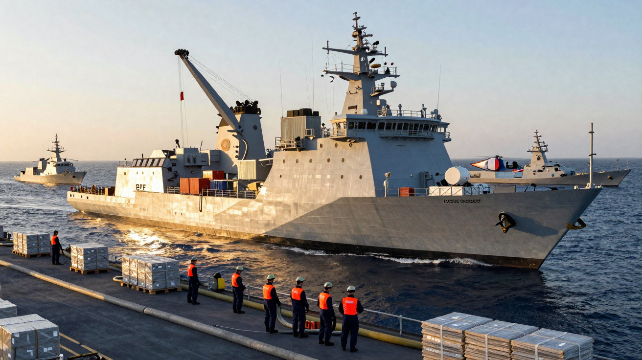 Navio militar cinzento a largo, com helicóptero no convés e tripulantes no cais a observar a operação.