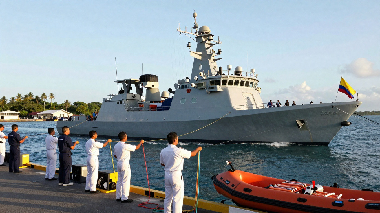 Navio militar cinzento com bandeira da Colômbia atracado em cais com marinheiros em uniforme branco a segurarem cordas.