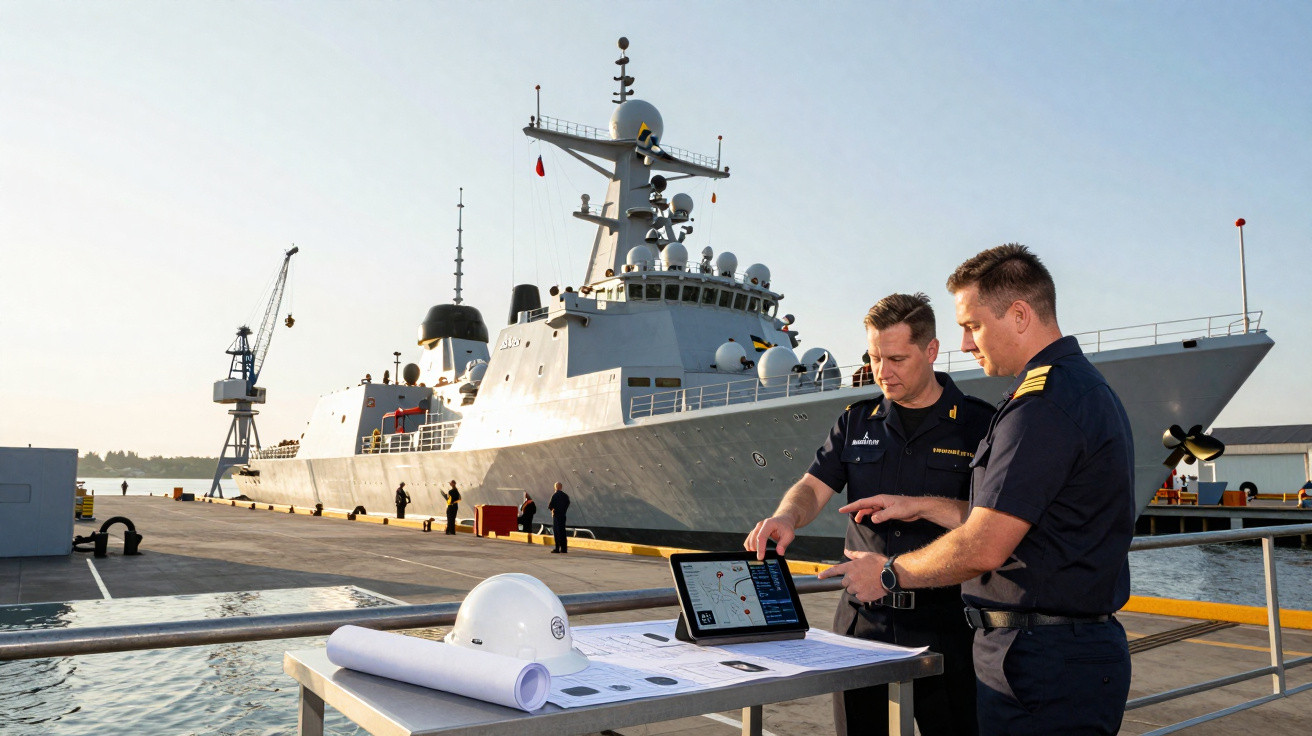 Dois militares da marinha discutem planos junto a um navio de guerra atracado num cais, com capacete branco e documentos na m
