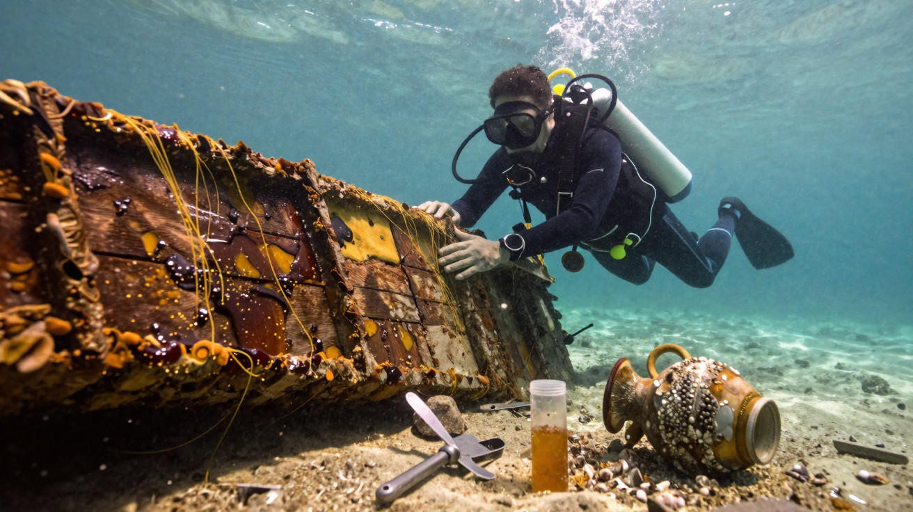 Mergulhador a explorar um naufrágio antigo no fundo do mar com artefatos espalhados na areia.