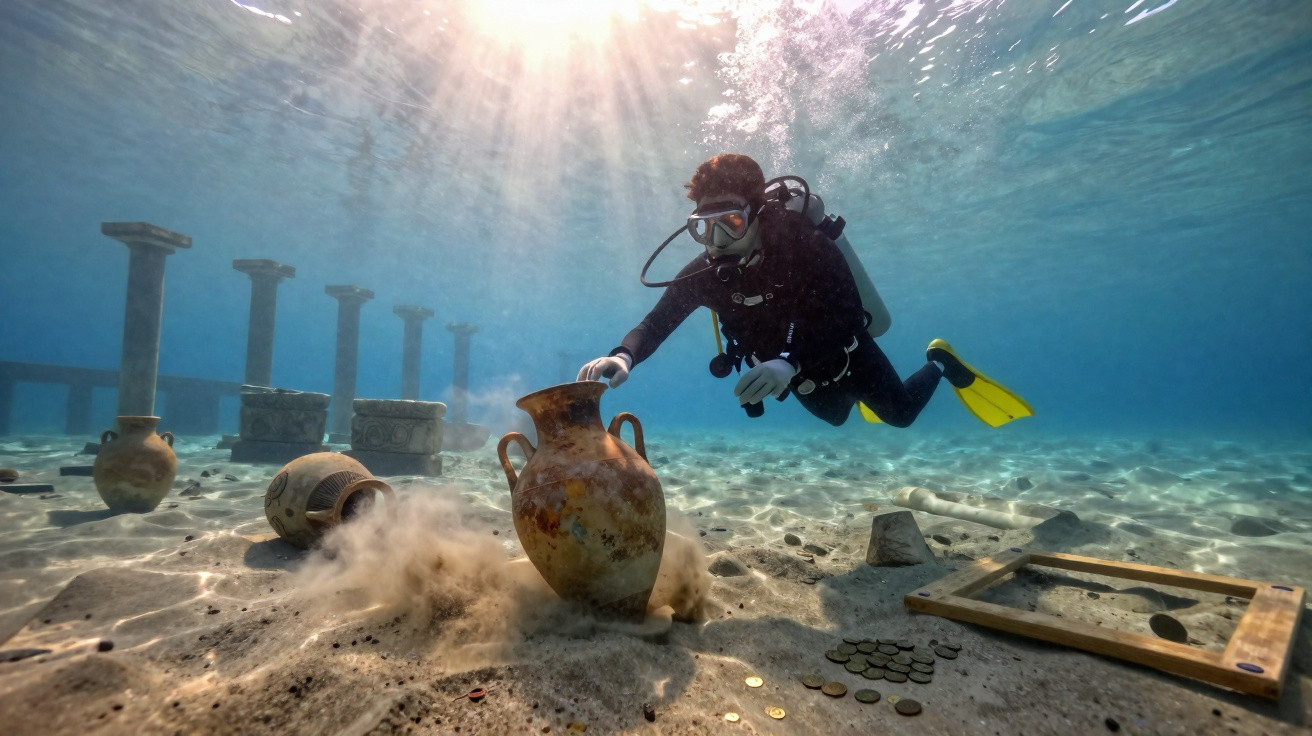 Mergulhador explora ânforas e moedas antigas no fundo do mar junto a ruínas submersas.