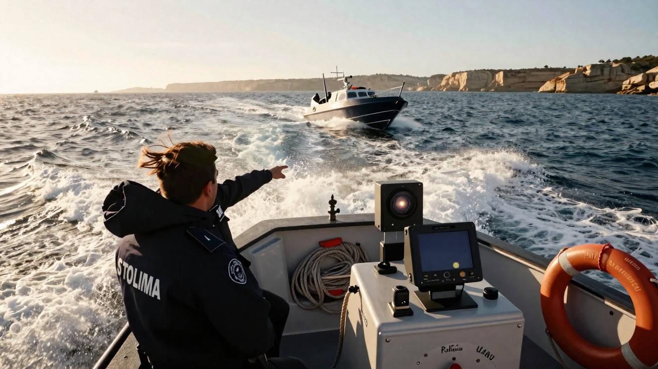 Polícia marítima a bordo de um barco, apontando para outra embarcação no mar junto a uma costa rochosa.
