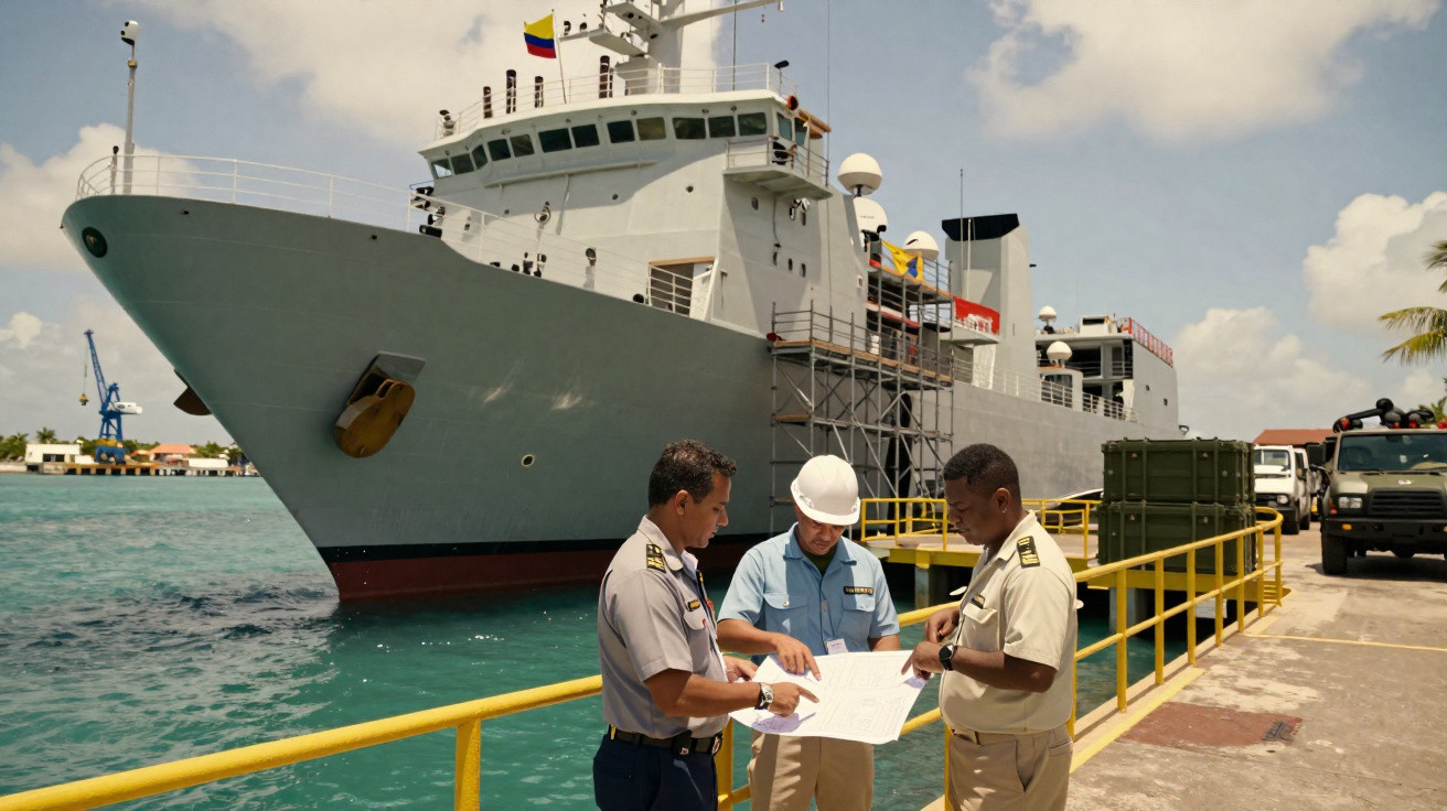Três tripulantes em uniforme junto a um cais com um grande navio cinzento atracado ao fundo.